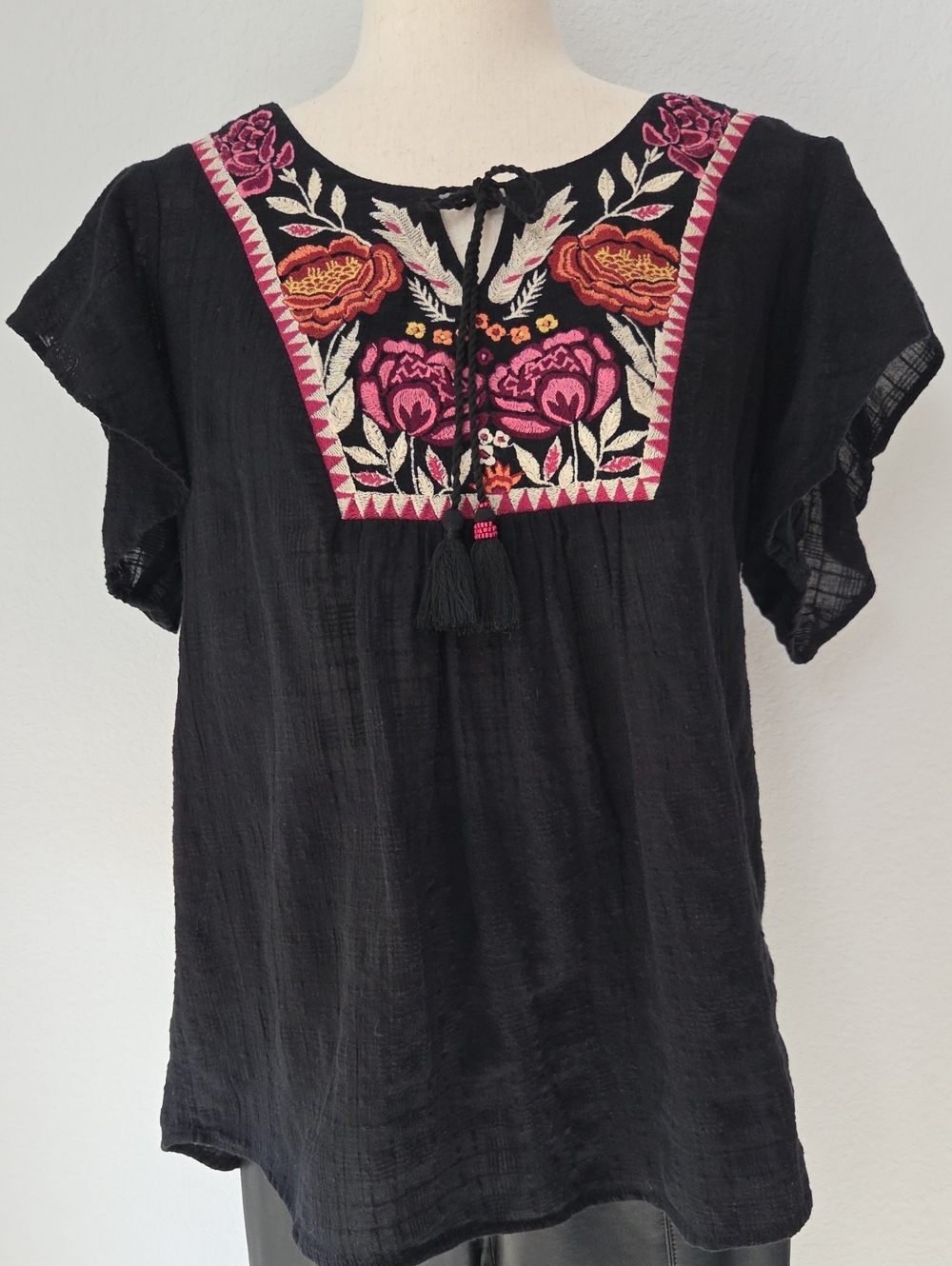 Style & Co. Black Peasant Top Pink & Orange Floral Roses Embroidery Day Of Dead